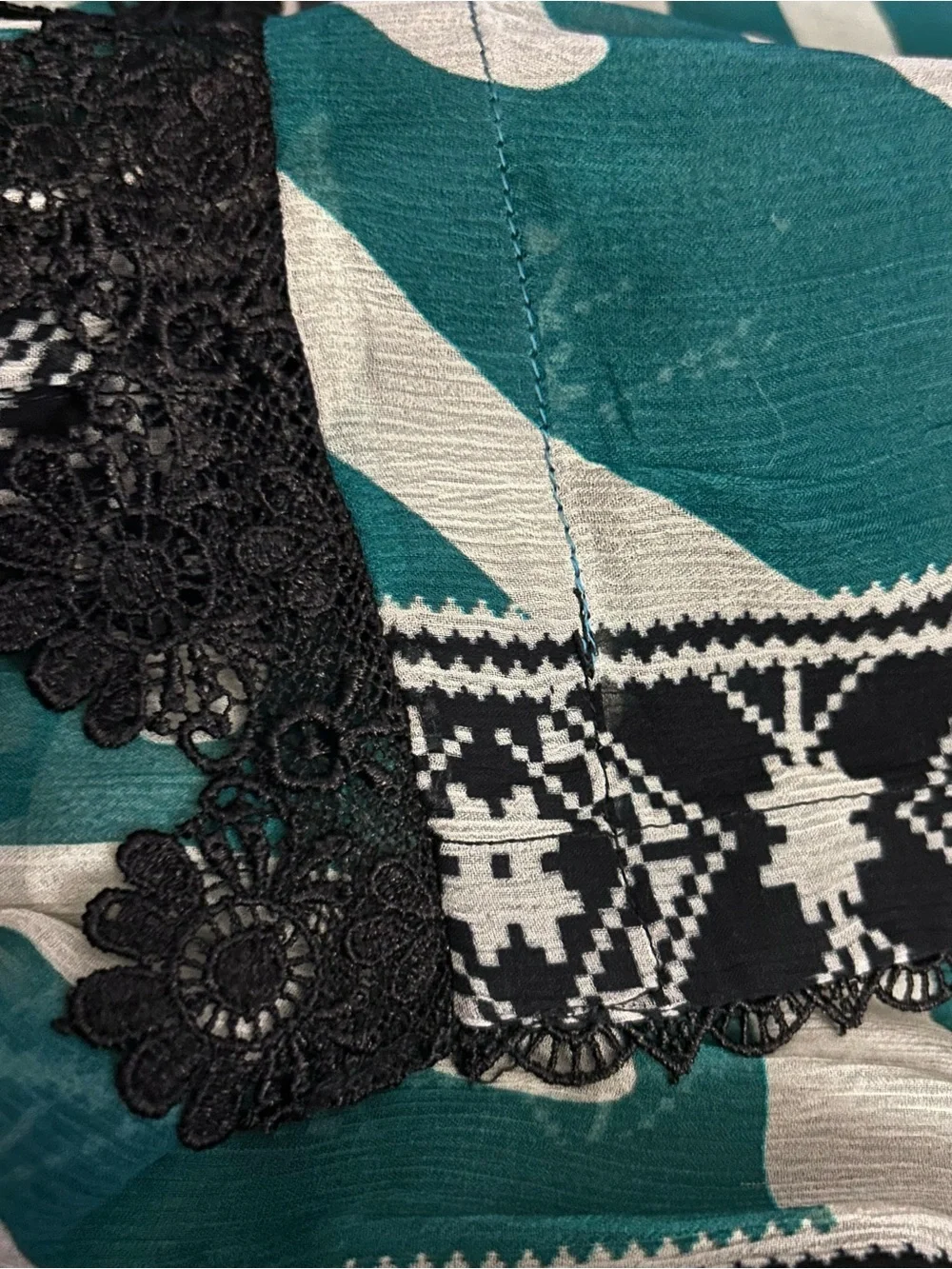 STUNNJNG Extra Long Scarf TEAL & BLACK LACE Sheer Abstract Blue Silk? Boho